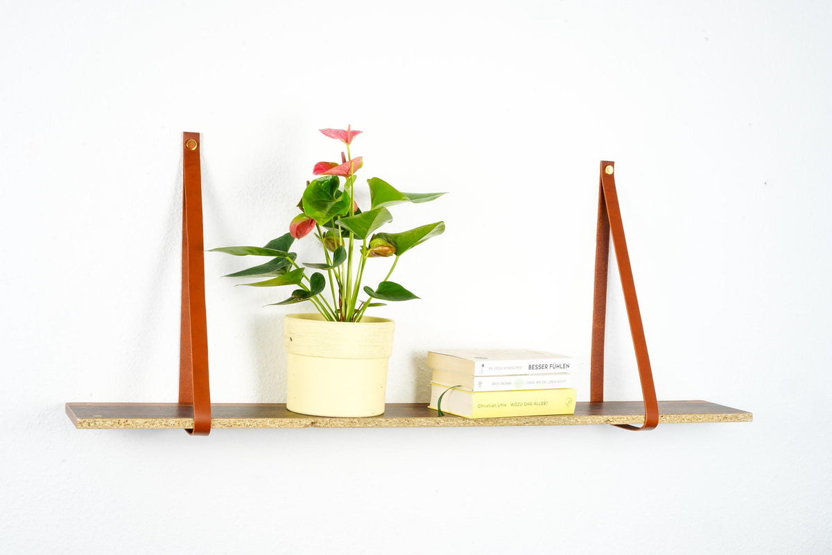Hängeregal mit Lederriemen Leder l Leder Wandhalterung Regal | Handmade Leather Shelf Brackets | Plant Shelf l Lederriemen Regalträger