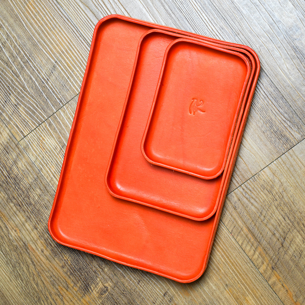 Orange Leather Tray Organizer | Valet Tray & Key Holder made of Vegetable-Tanned Leather | Handmade Leather Desk Tray