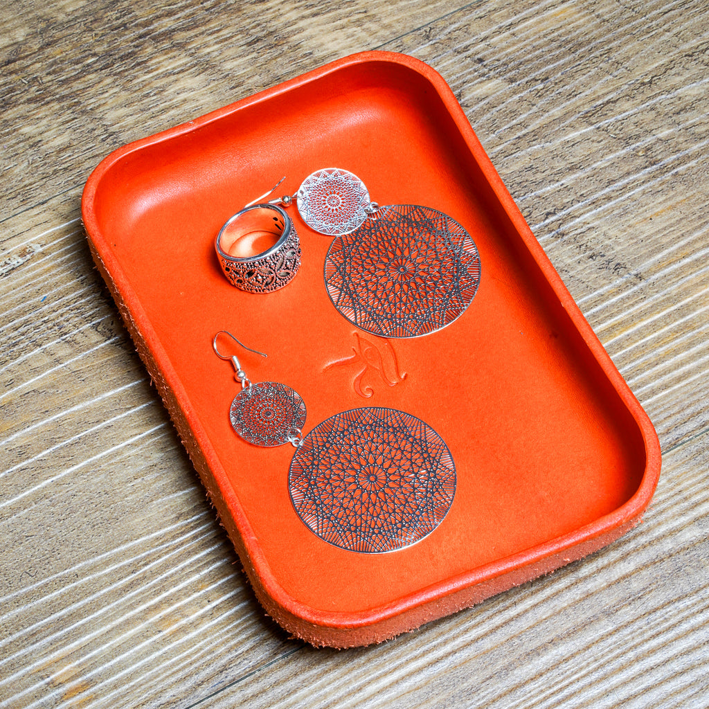 Orange Leather Tray Organizer | Valet Tray & Key Holder made of Vegetable-Tanned Leather | Handmade Leather Desk Tray