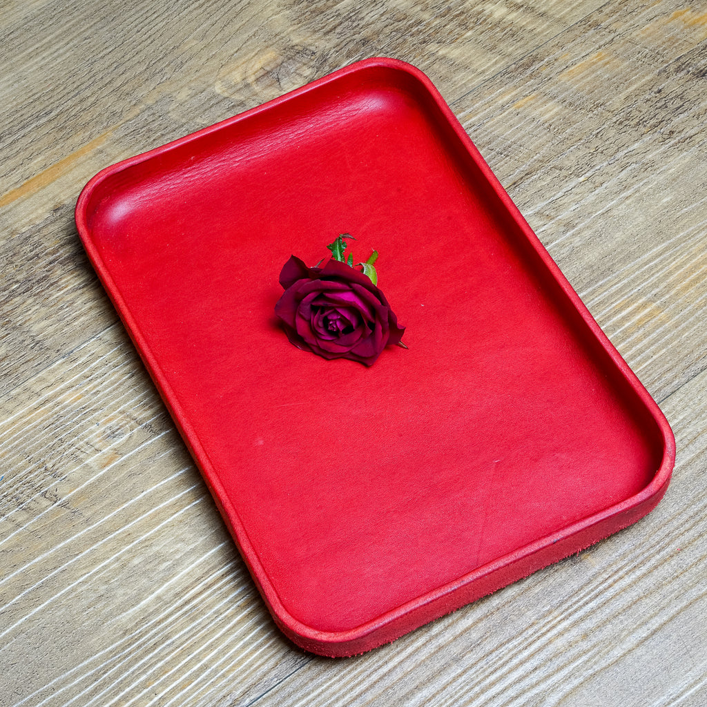 Red Leather Tray Organizer | Valet Tray & Key Holder made of Vegetable-Tanned Leather | Handmade Leather Desk Tray