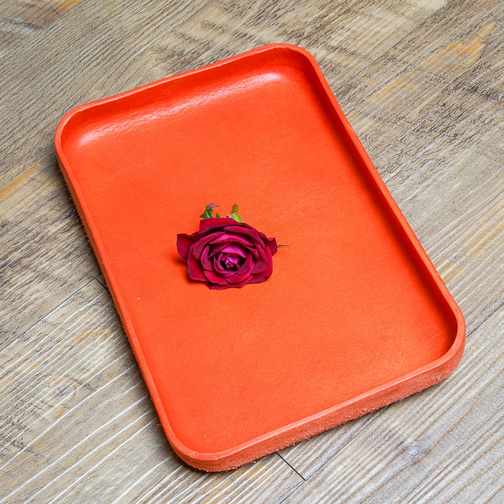 Orange Leather Tray Organizer | Valet Tray & Key Holder made of Vegetable-Tanned Leather | Handmade Leather Desk Tray