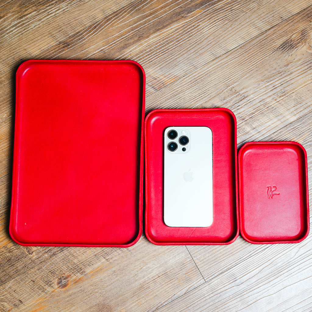 Red Leather Tray Organizer | Valet Tray & Key Holder made of Vegetable-Tanned Leather | Handmade Leather Desk Tray