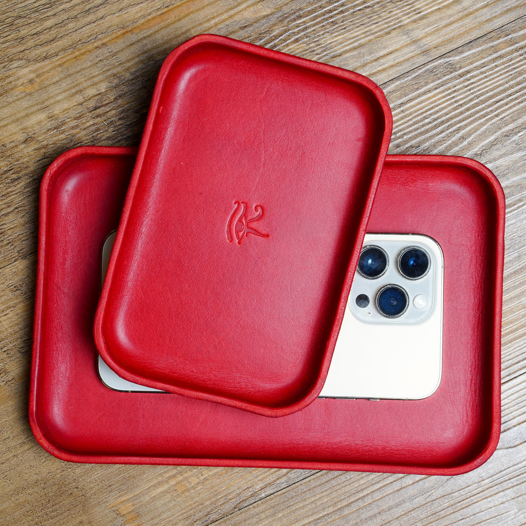 Red Leather Tray Organizer | Valet Tray & Key Holder made of Vegetable-Tanned Leather | Handmade Leather Desk Tray