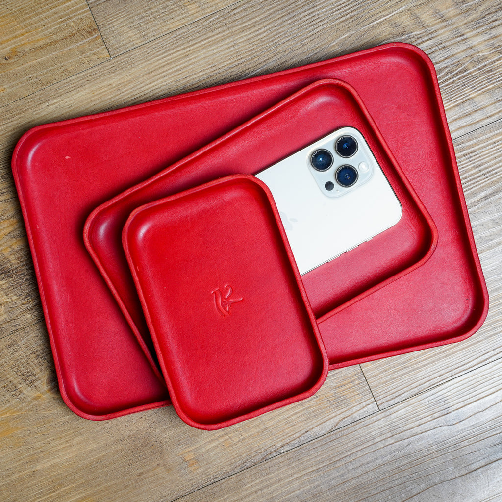 Red Leather Tray Organizer | Valet Tray & Key Holder made of Vegetable-Tanned Leather | Handmade Leather Desk Tray
