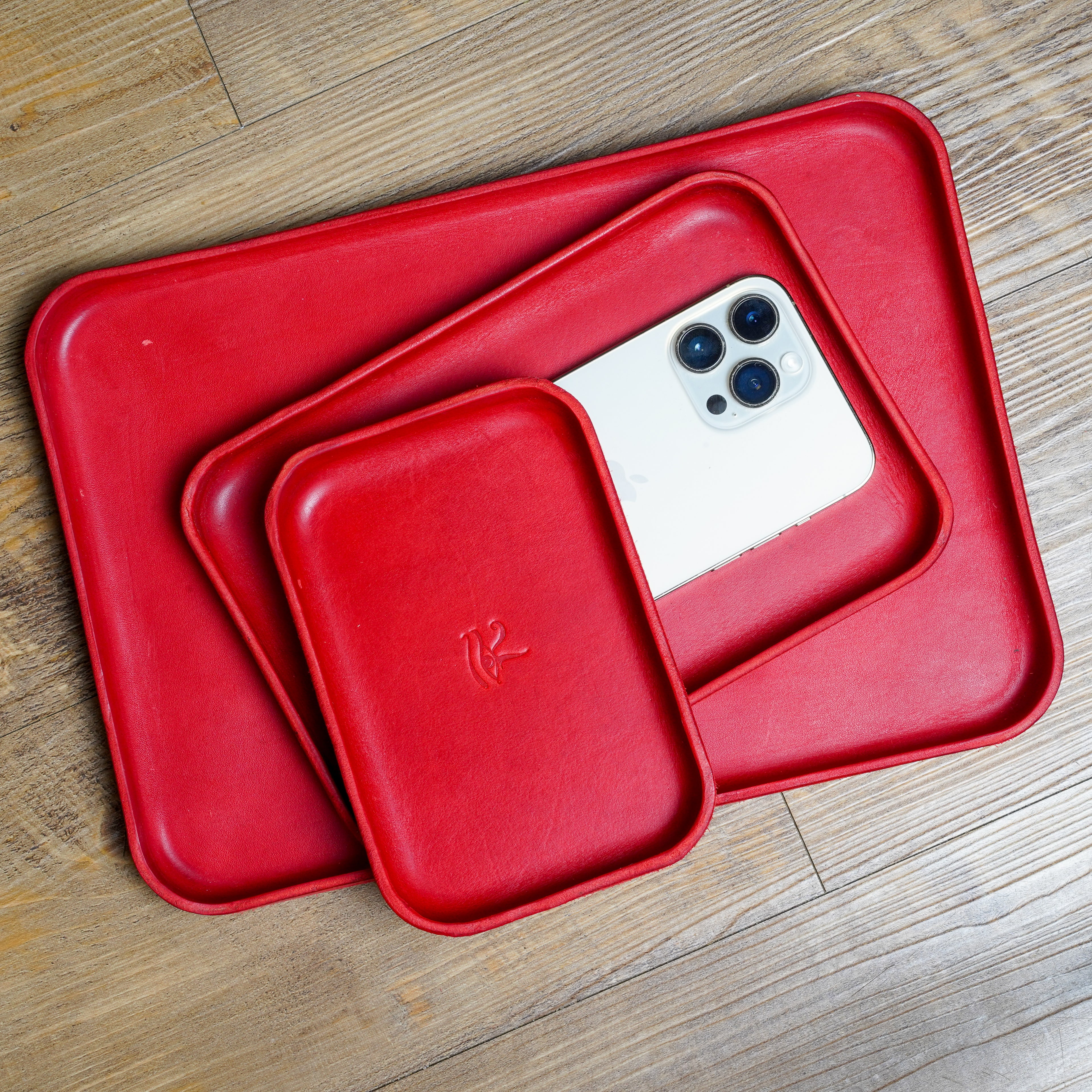Red Leather Tray Organizer | Valet Tray & Key Holder made of Vegetable-Tanned Leather | Handmade Leather Desk Tray