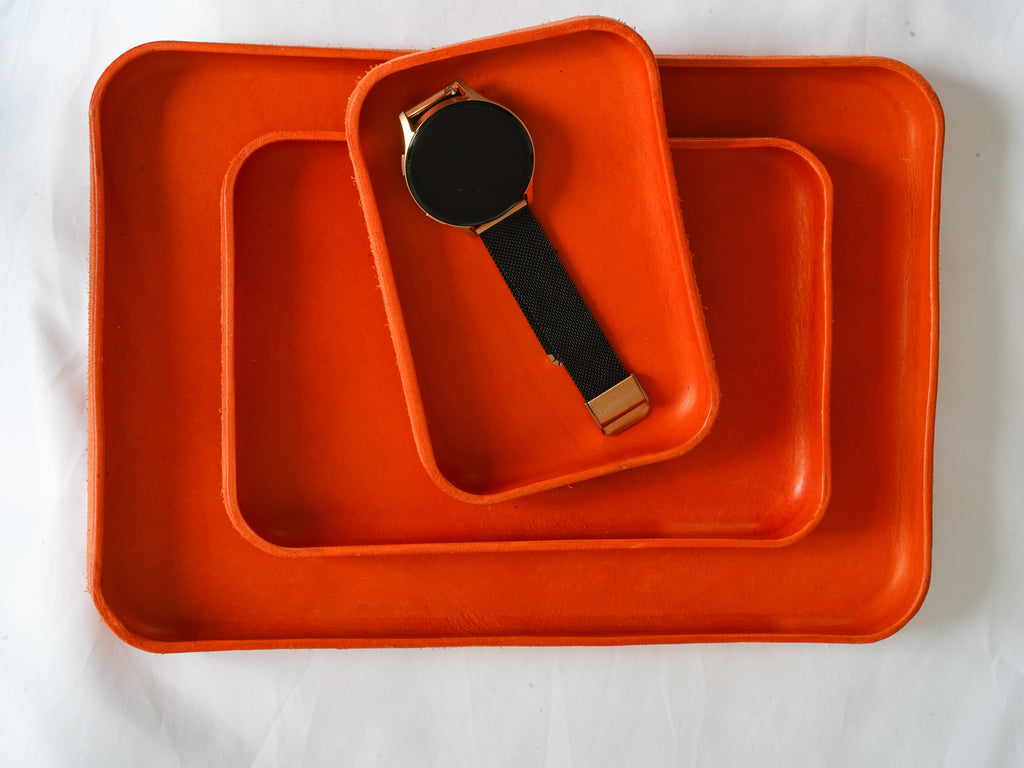Orange Leather Tray Organizer | Valet Tray & Key Holder made of Vegetable-Tanned Leather | Handmade Leather Desk Tray