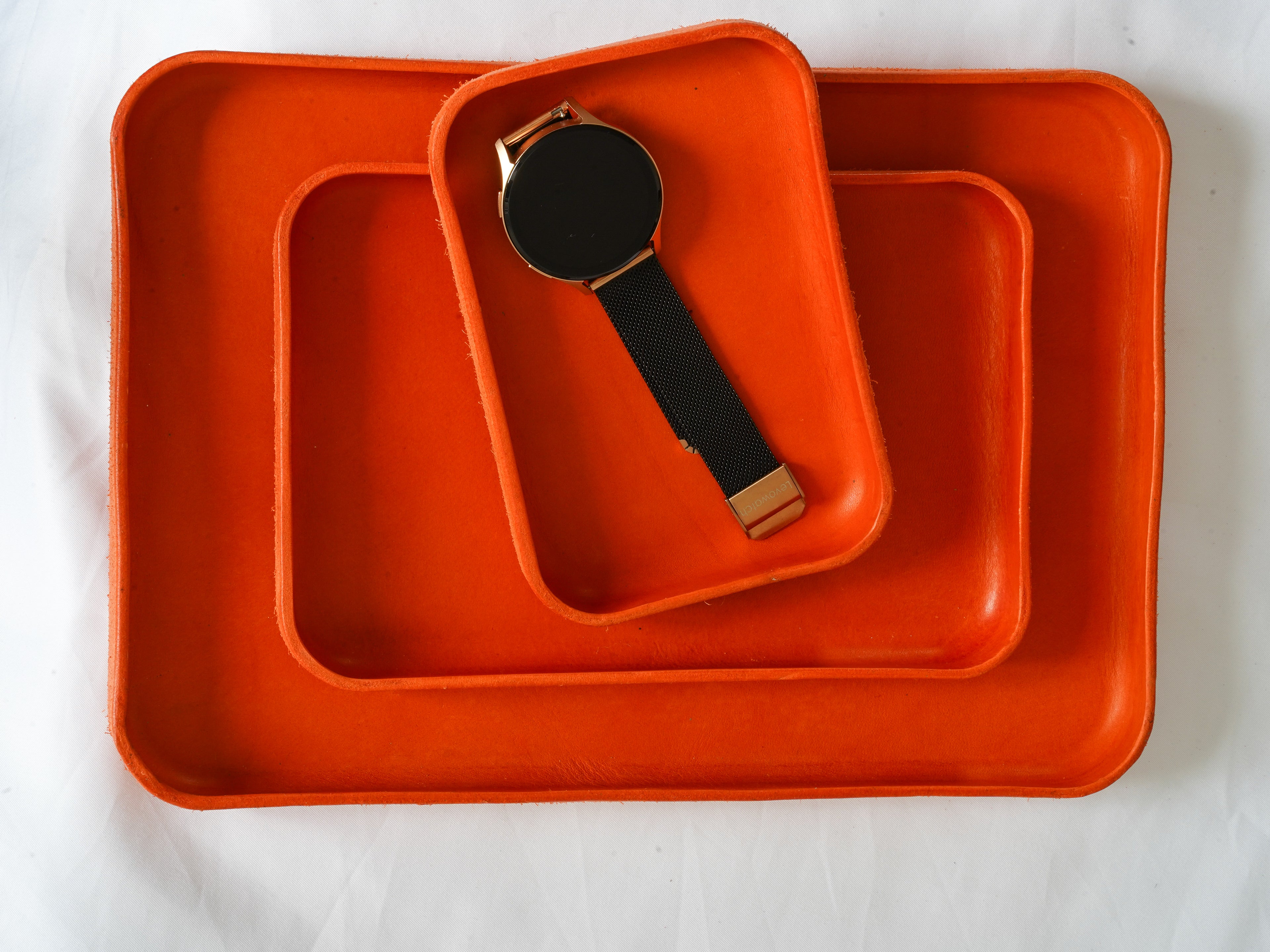 Orange Leather Tray Organizer | Valet Tray & Key Holder made of Vegetable-Tanned Leather | Handmade Leather Desk Tray