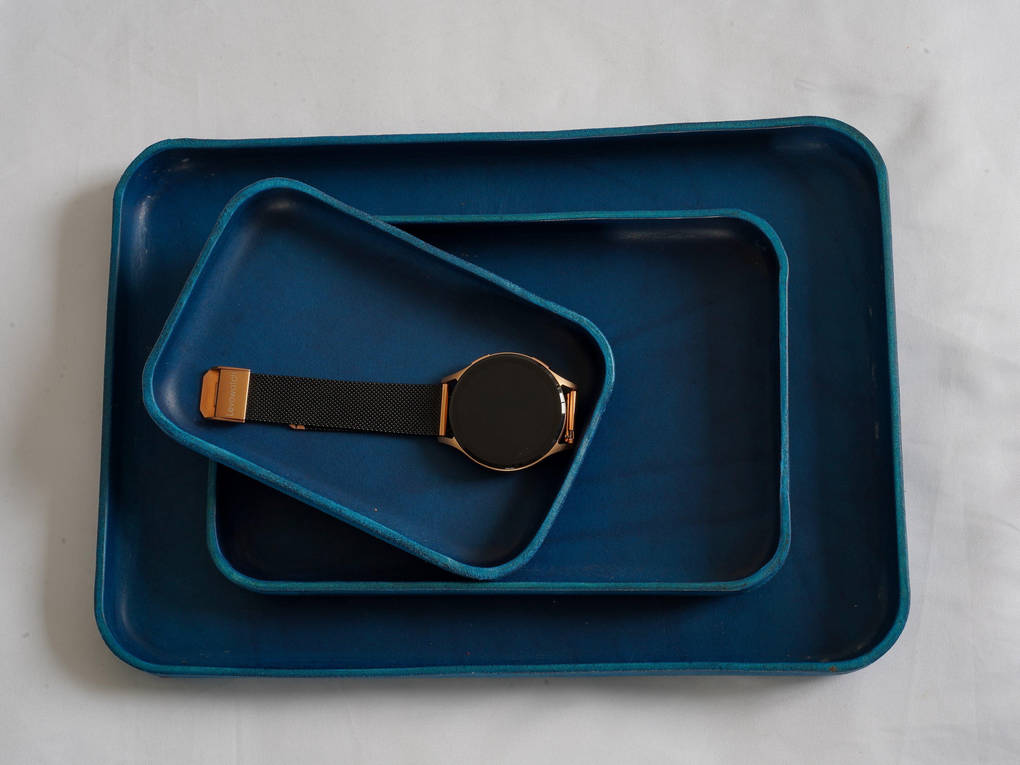 Navy Blue Leather Tray Organizer | Valet Tray & Key Holder Made of Vegetable-Tanned Leather | Handmade Leather Desk Tray