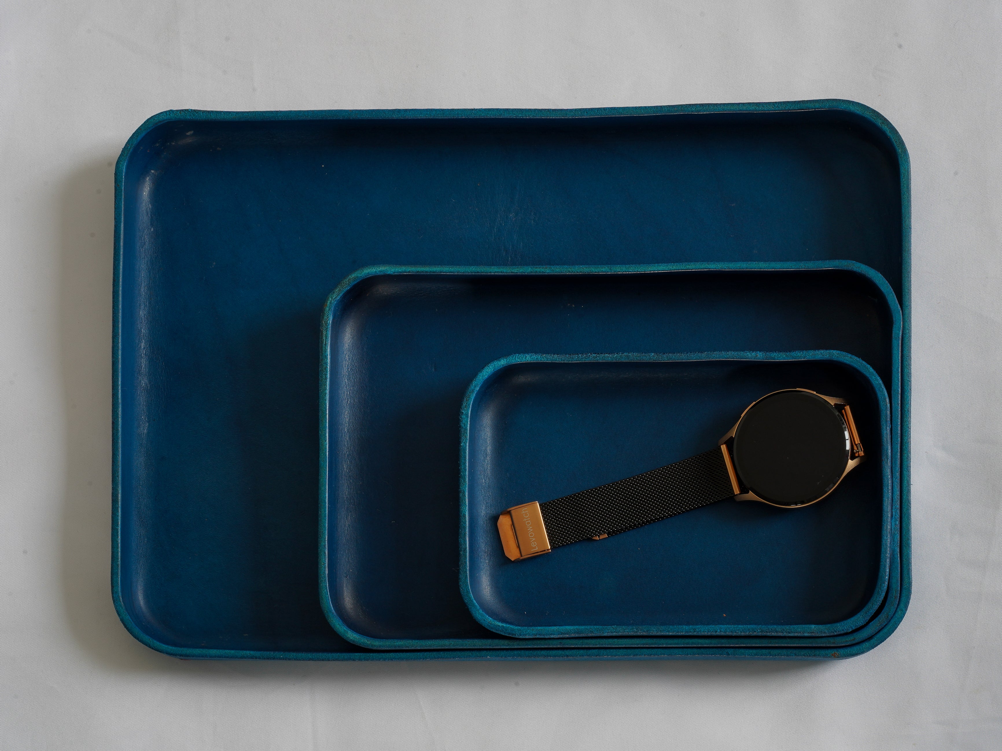 Navy Blue Leather Tray Organizer | Valet Tray & Key Holder Made of Vegetable-Tanned Leather | Handmade Leather Desk Tray