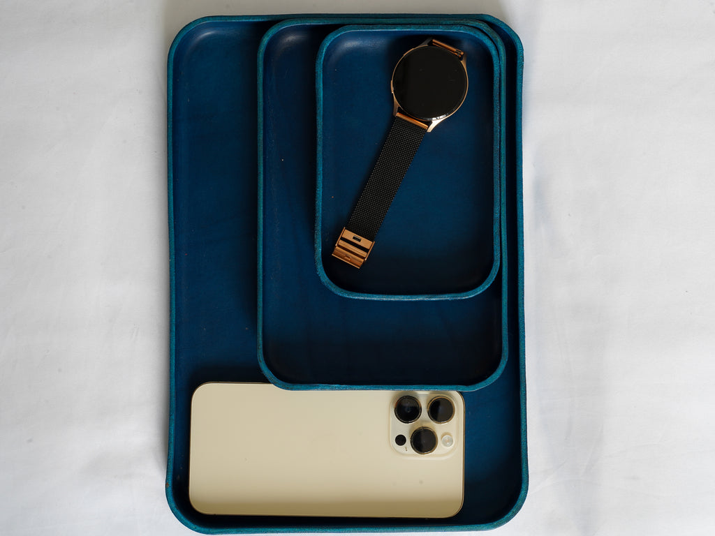 Navy Blue Leather Tray Organizer | Valet Tray & Key Holder Made of Vegetable-Tanned Leather | Handmade Leather Desk Tray