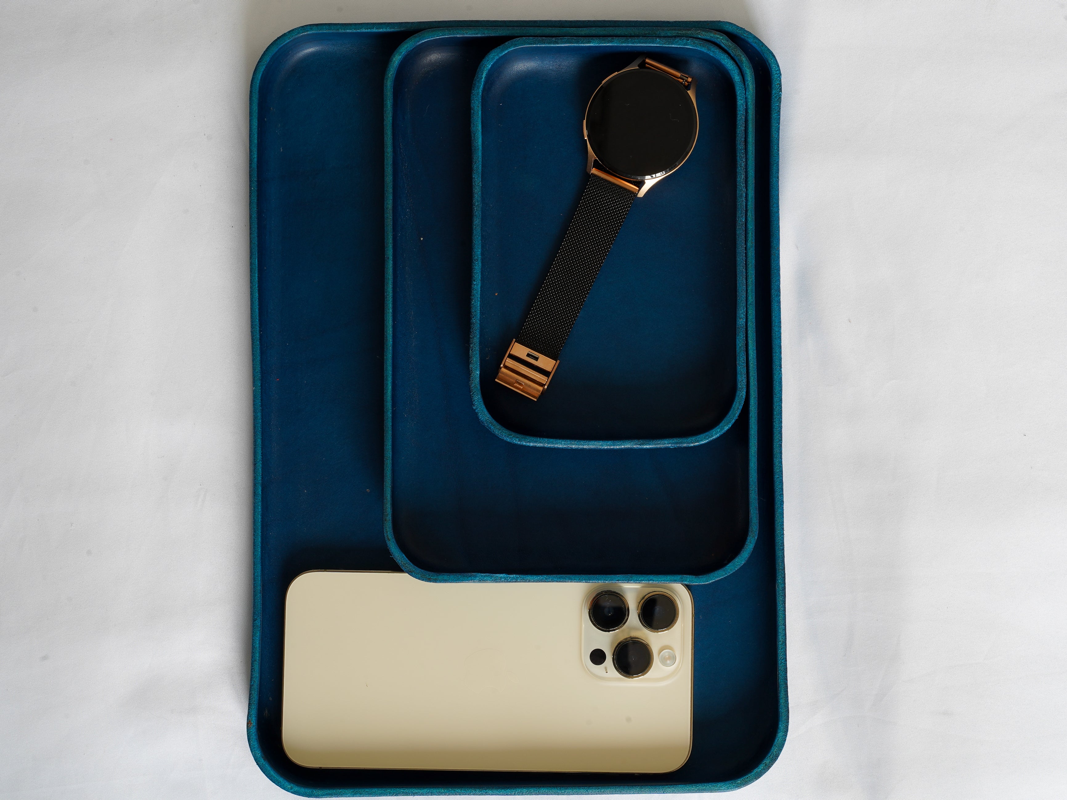 Navy Blue Leather Tray Organizer | Valet Tray & Key Holder Made of Vegetable-Tanned Leather | Handmade Leather Desk Tray