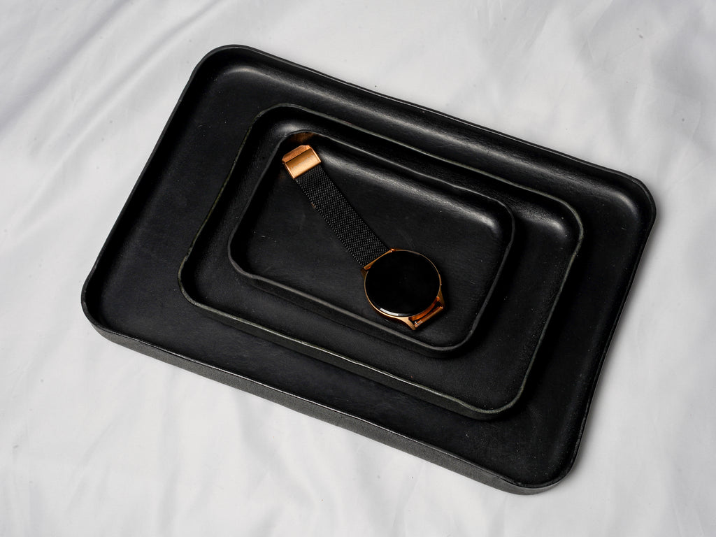 Leather Tray Organizer | Brown Key Tray for Emptying Bags | Small Genuine Leather Desk Organizer | Practical Storage | Black