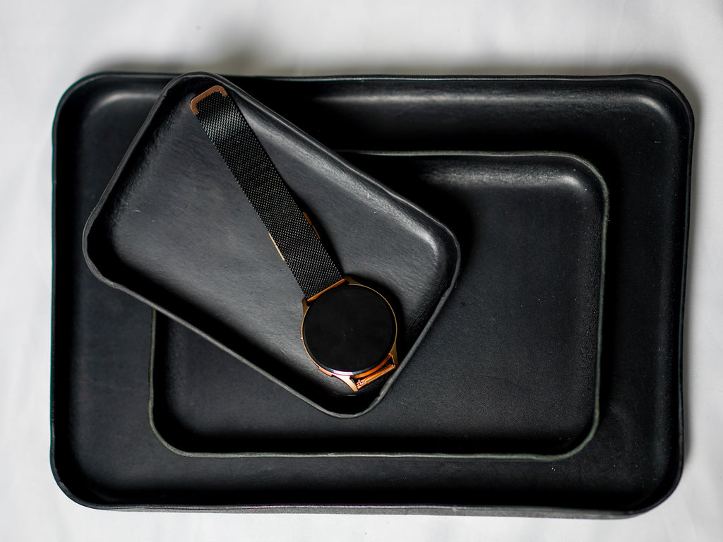 Leather Tray Organizer | Brown Key Tray for Emptying Bags | Small Genuine Leather Desk Organizer | Practical Storage | Black