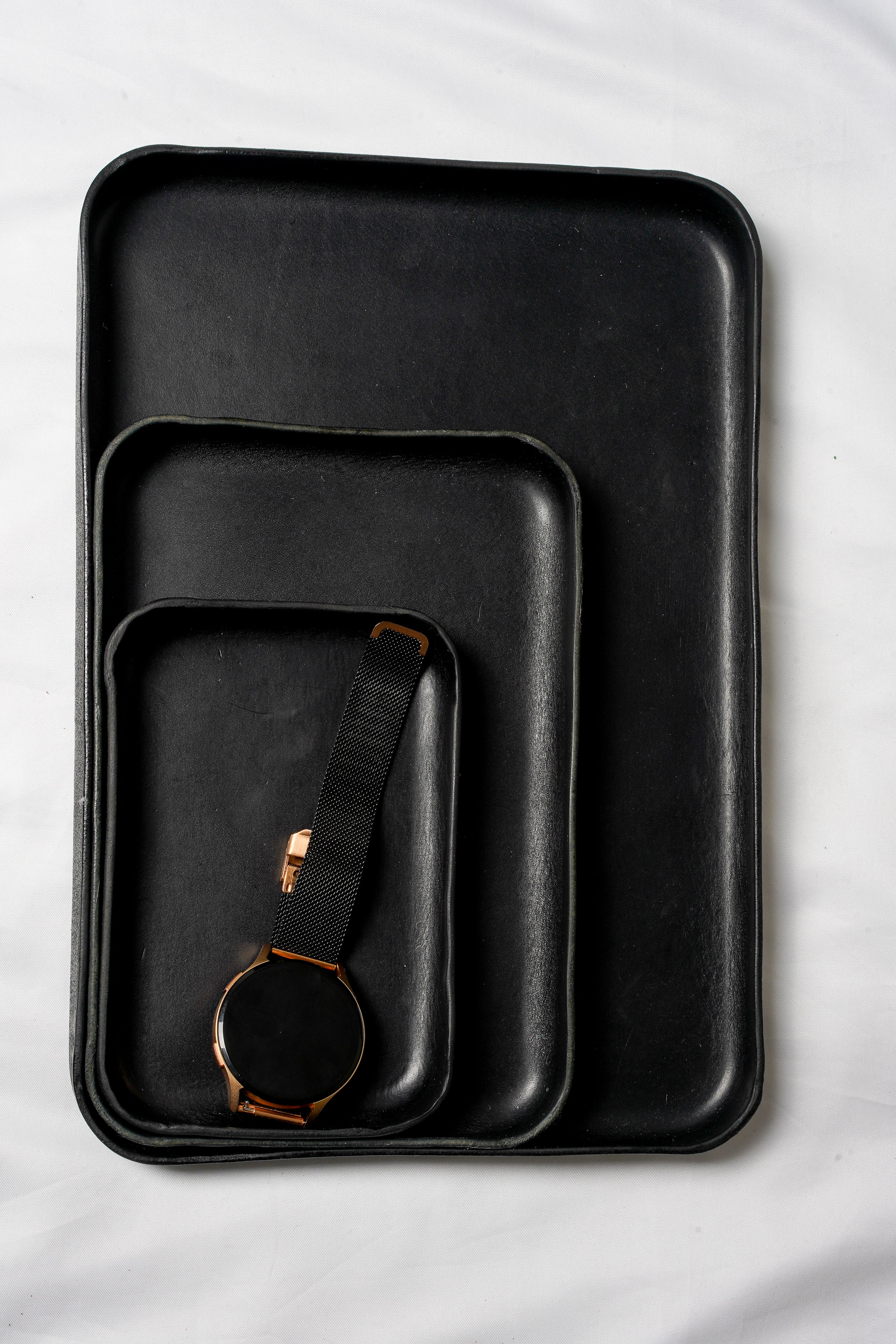 Leather Tray Organizer | Brown Key Tray for Emptying Bags | Small Genuine Leather Desk Organizer | Practical Storage | Black