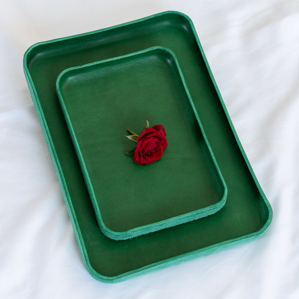 Handmade Leather Tray | Key Tray, Jewelry Tray, Valet Tray | Italian Leather | Dark Green