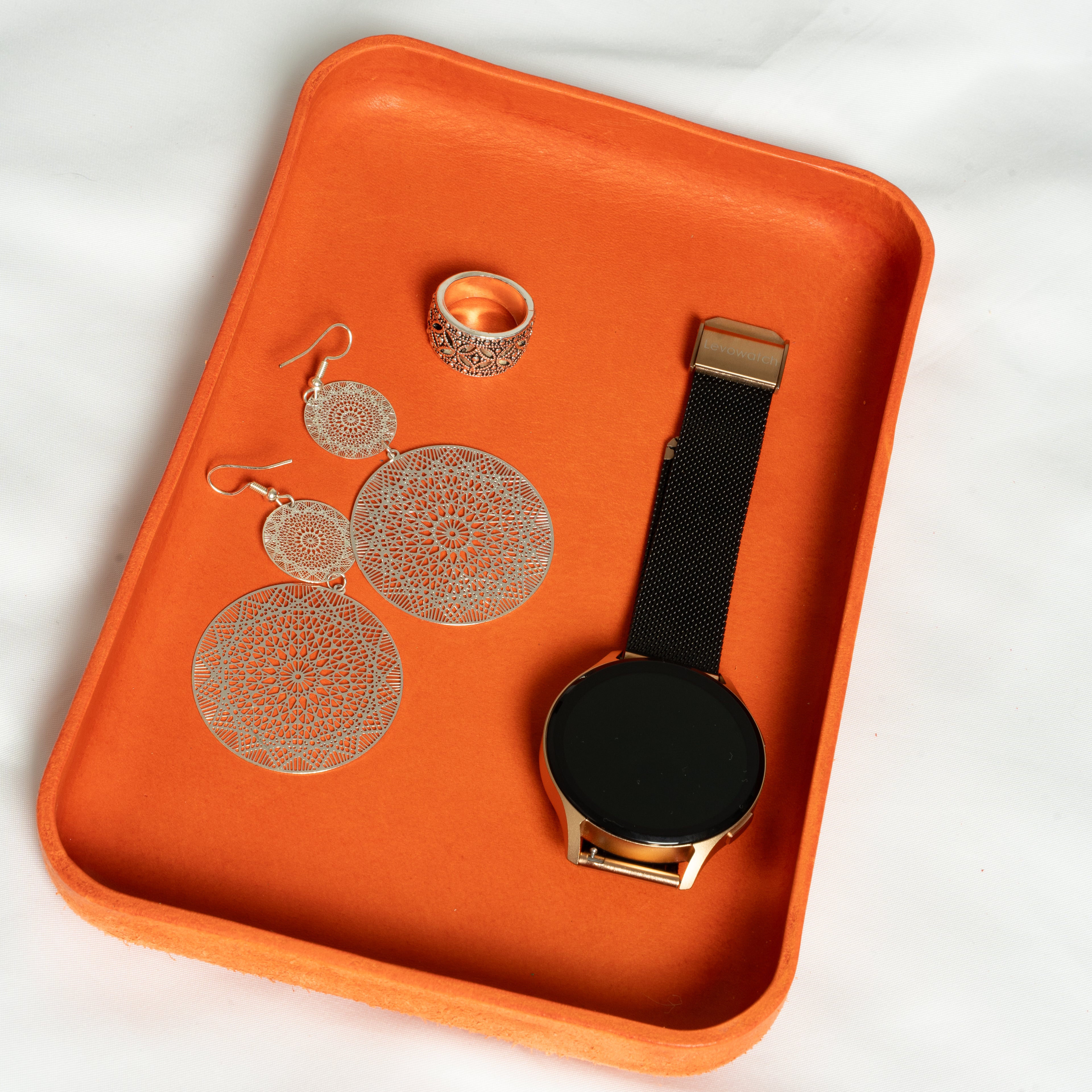 Orange Leather Tray Organizer | Valet Tray & Key Holder made of Vegetable-Tanned Leather | Handmade Leather Desk Tray