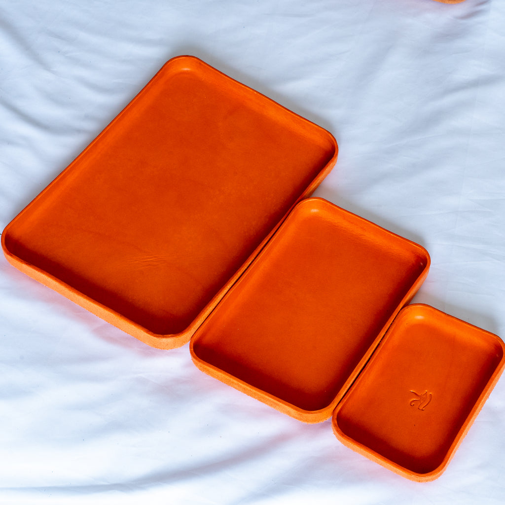 Orange Leather Tray Organizer | Valet Tray & Key Holder made of Vegetable-Tanned Leather | Handmade Leather Desk Tray