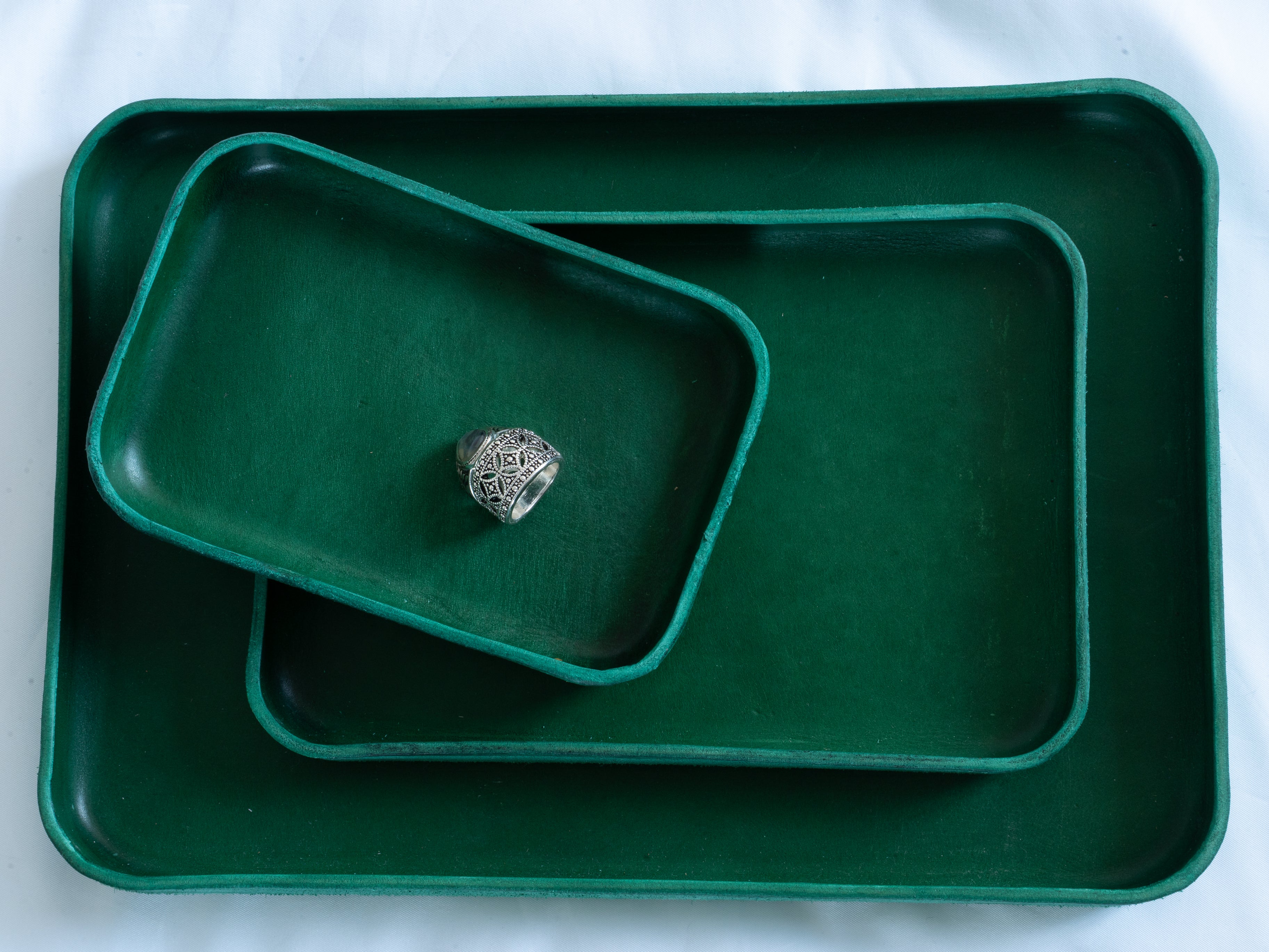 Handmade Leather Tray | Key Tray, Jewelry Tray, Valet Tray | Italian Leather | Dark Green