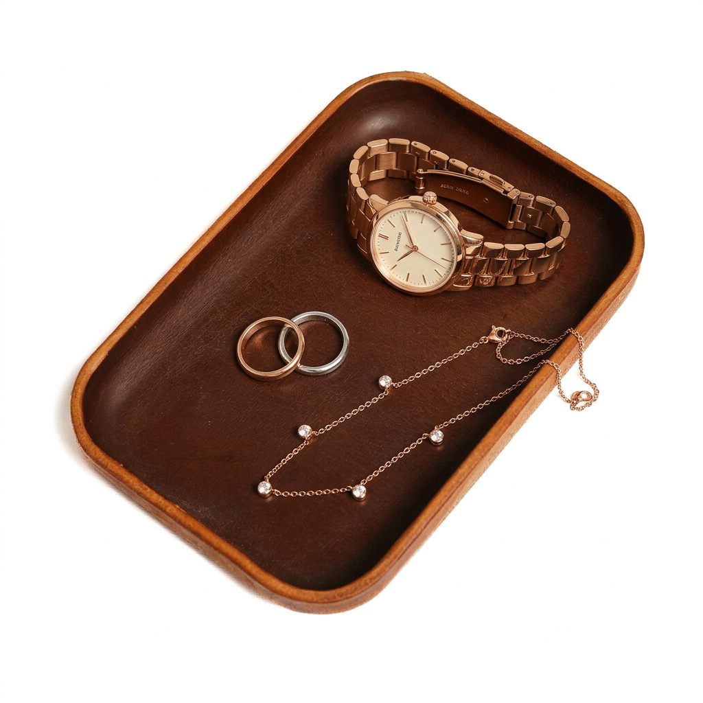 Dark cognac leather tray organizer | Valet tray & key holder made of vegetable-tanned leather | Handmade leather tray for desk