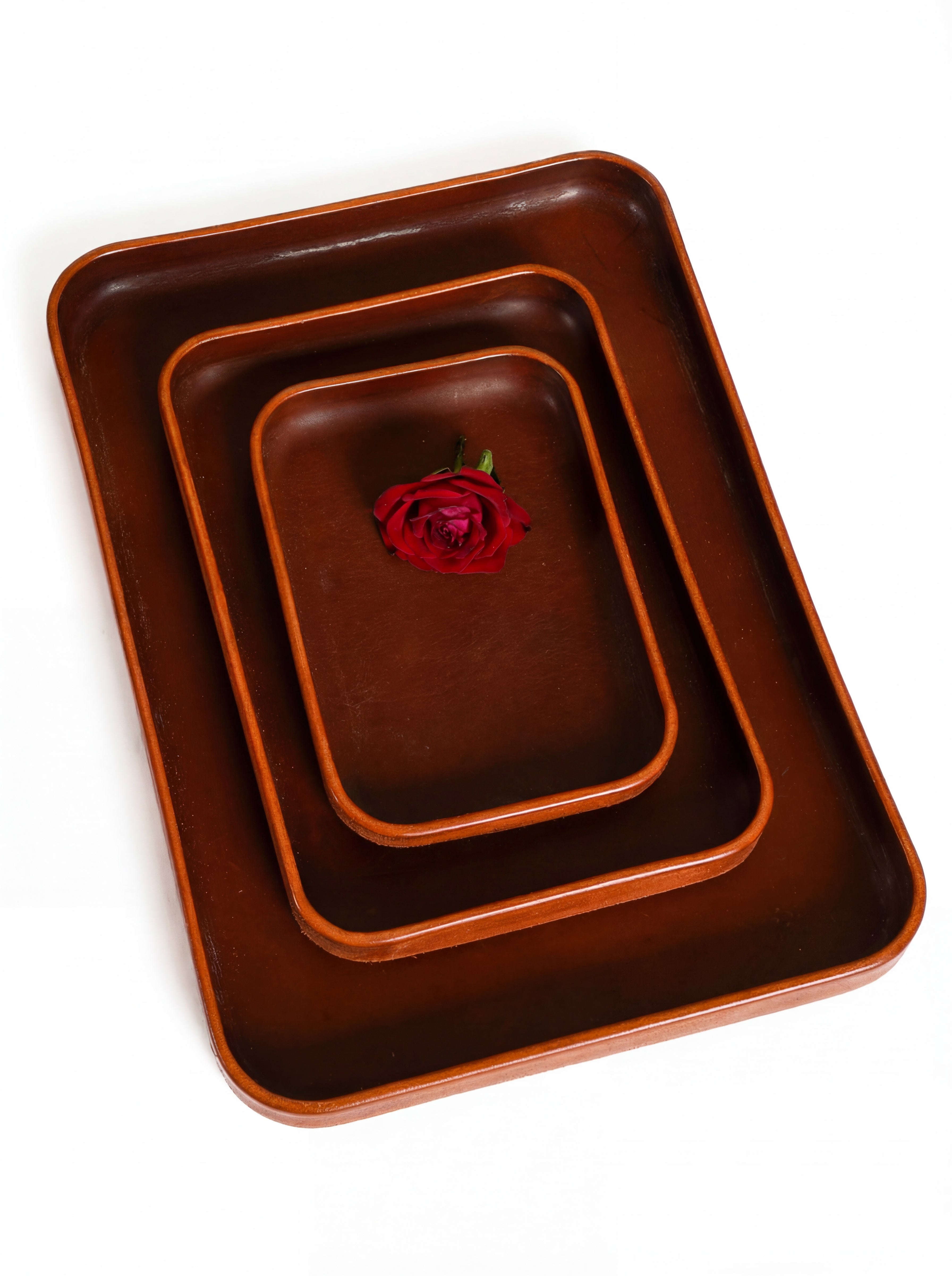 Dark cognac leather tray organizer | Valet tray & key holder made of vegetable-tanned leather | Handmade leather tray for desk