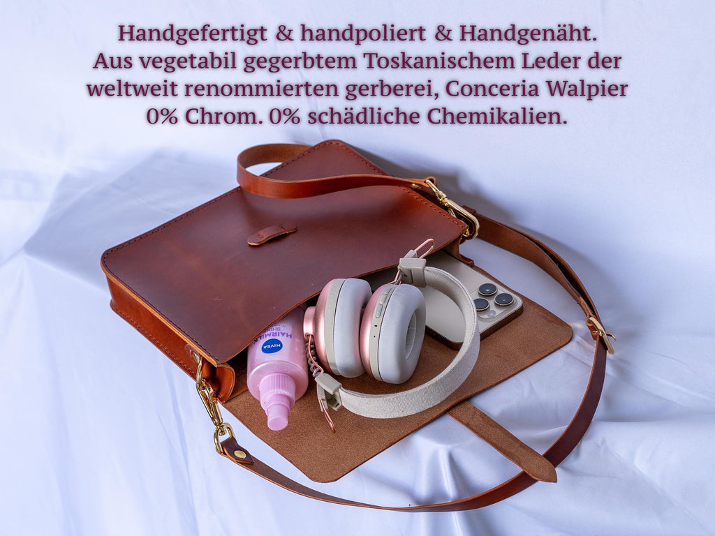 Handgenähte Leder-Laptoptasche aus italienischem Veg-Tan-Leder | Individuell anpassbar | Braun
