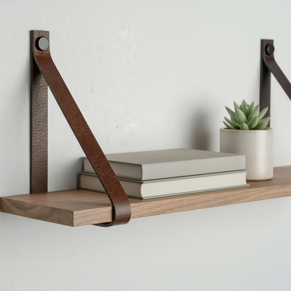 Hängeregal mit Lederriemen Leder l Leder Wandhalterung Regal | Handmade Leather Shelf Brackets | Plant Shelf l Lederriemen Regalträger