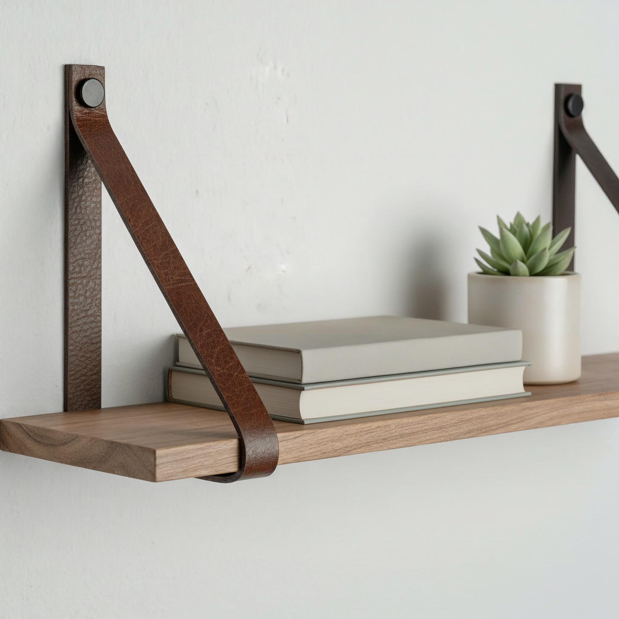 Hängeregal mit Lederriemen Leder l Leder Wandhalterung Regal | Handmade Leather Shelf Brackets | Plant Shelf l Lederriemen Regalträger