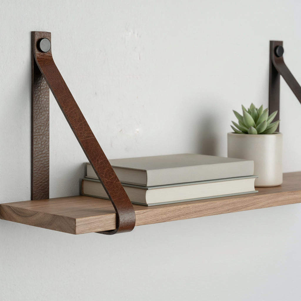 Hängeregal mit Lederriemen Leder l Leder Wandhalterung Regal | Handmade Leather Shelf Brackets | Plant Shelf l Lederriemen Regalträger