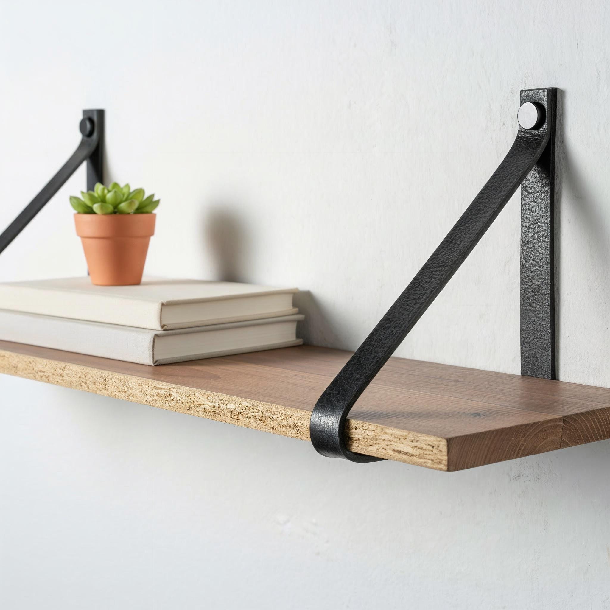 Hängeregal mit Lederriemen Leder l Leder Wandhalterung Regal | Handmade Leather Shelf Brackets | Plant Shelf l Lederriemen Regalträger