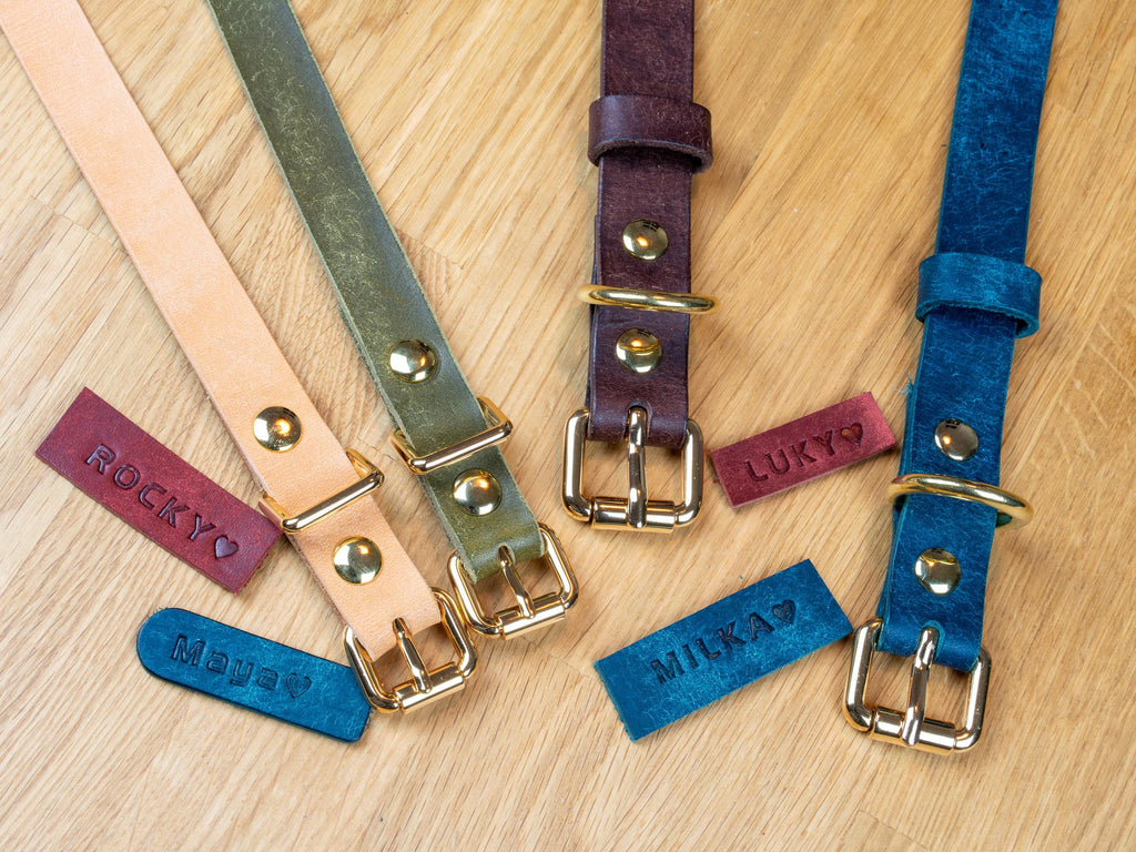 Handgefertigtes Leder Hundehalsband | Pflanzlich Gegerbtes Premium Leder | Namensgravur | 1,6, 2,5 cm Halsband | Geschenk für Hunde