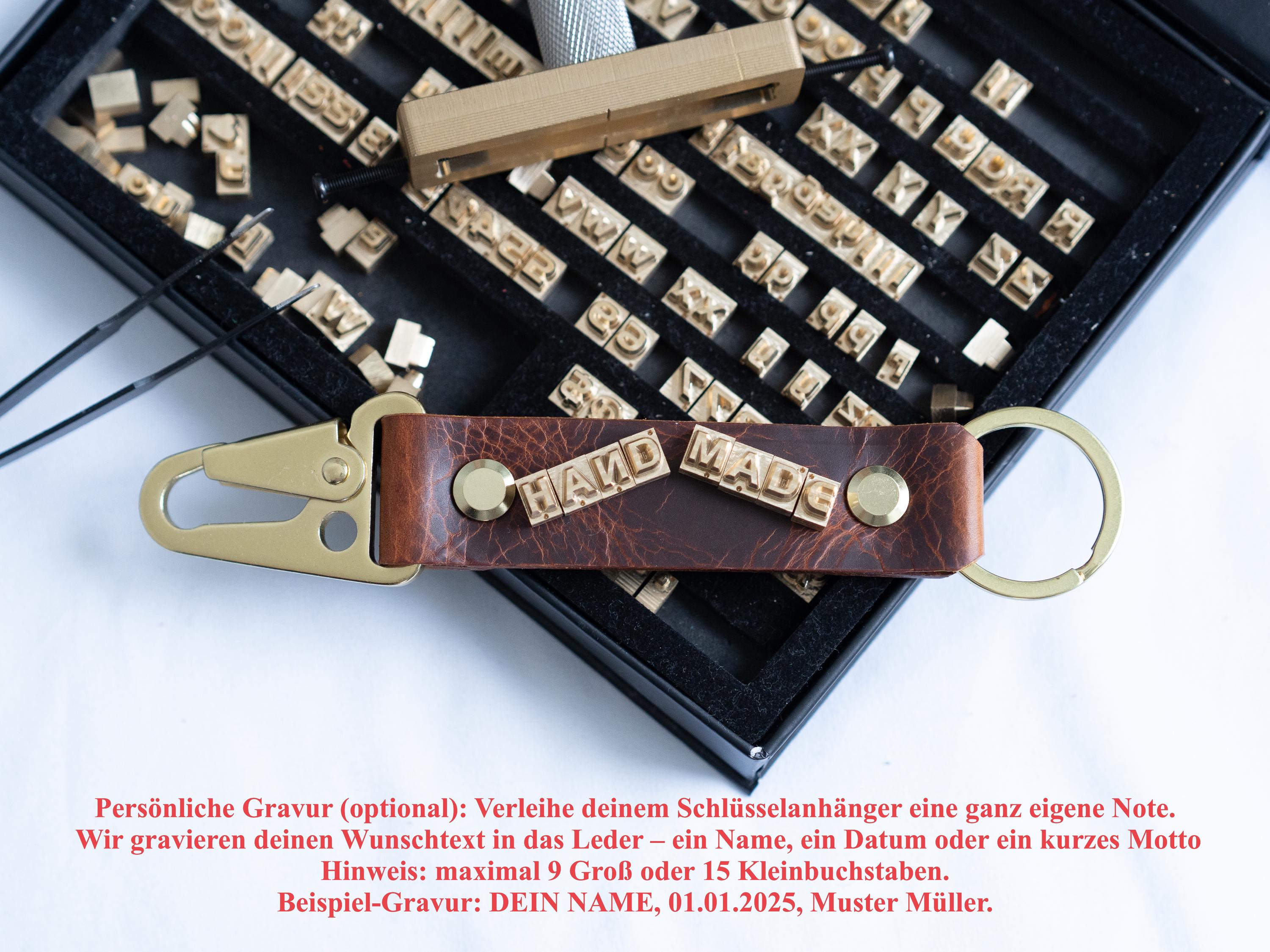 Schlüsselband aus Italienischem Vegtan-Leder • individuell graviert (bis 15 Buchstaben) • Handarbeit in Deutschland • Schlüsselanhänger