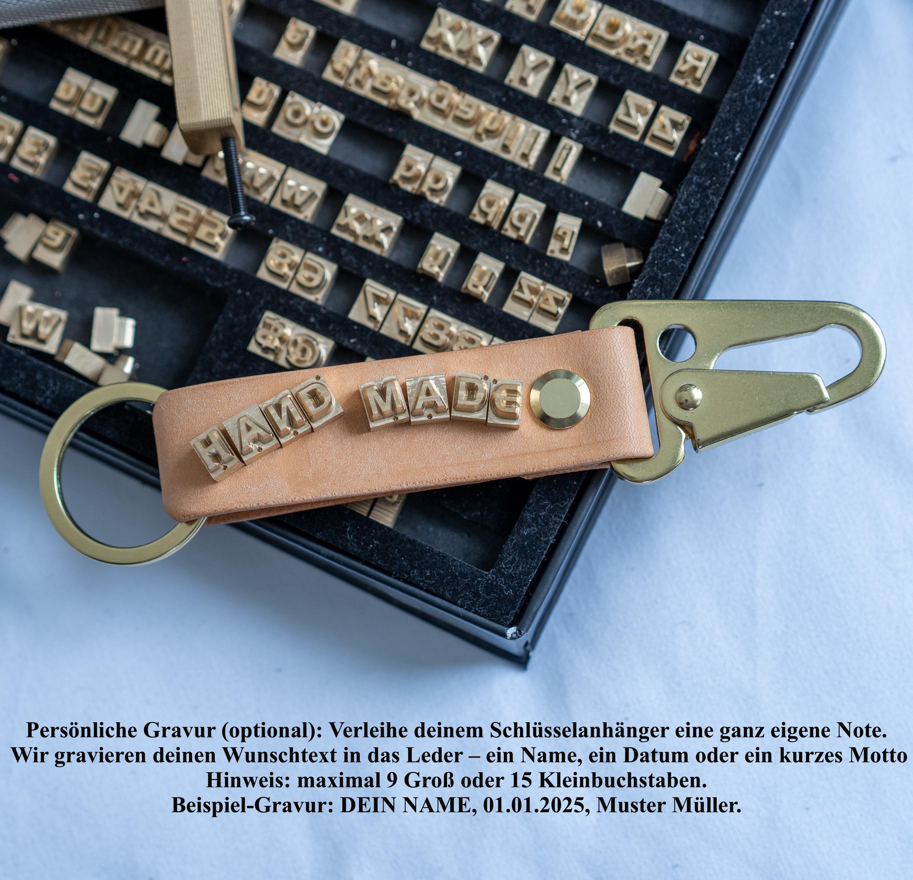 Schlüsselband aus Italienischem Vegtan-Leder • Individuell graviert (bis 15 Buchstaben) • Handarbeit aus Deutschland