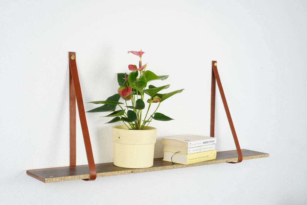 Hängeregal mit Lederriemen Leder l Leder Wandhalterung Regal | Handmade Leather Shelf Brackets | Plant Shelf l Lederriemen Regalträger