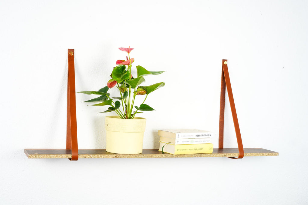 Hängeregal mit Lederriemen Leder l Leder Wandhalterung Regal | Handmade Leather Shelf Brackets | Plant Shelf l Lederriemen Regalträger