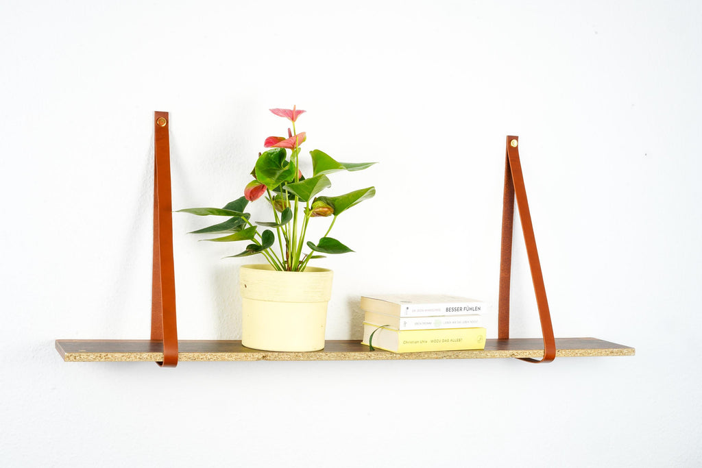 Hängeregal mit Lederriemen Leder l Leder Wandhalterung Regal | Handmade Leather Shelf Brackets | Plant Shelf l Lederriemen Regalträger