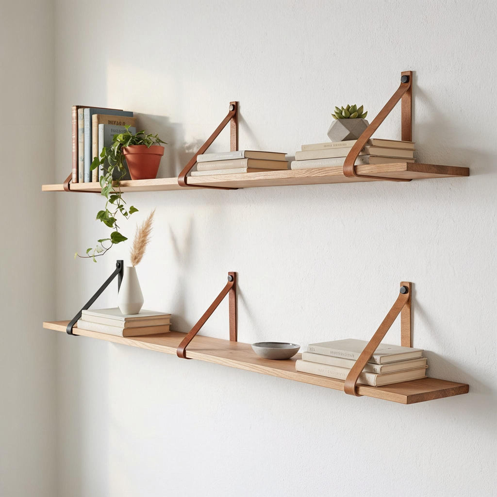 Hängeregal mit Lederriemen Leder l Leder Wandhalterung Regal | Handmade Leather Shelf Brackets | Plant Shelf l Lederriemen Regalträger