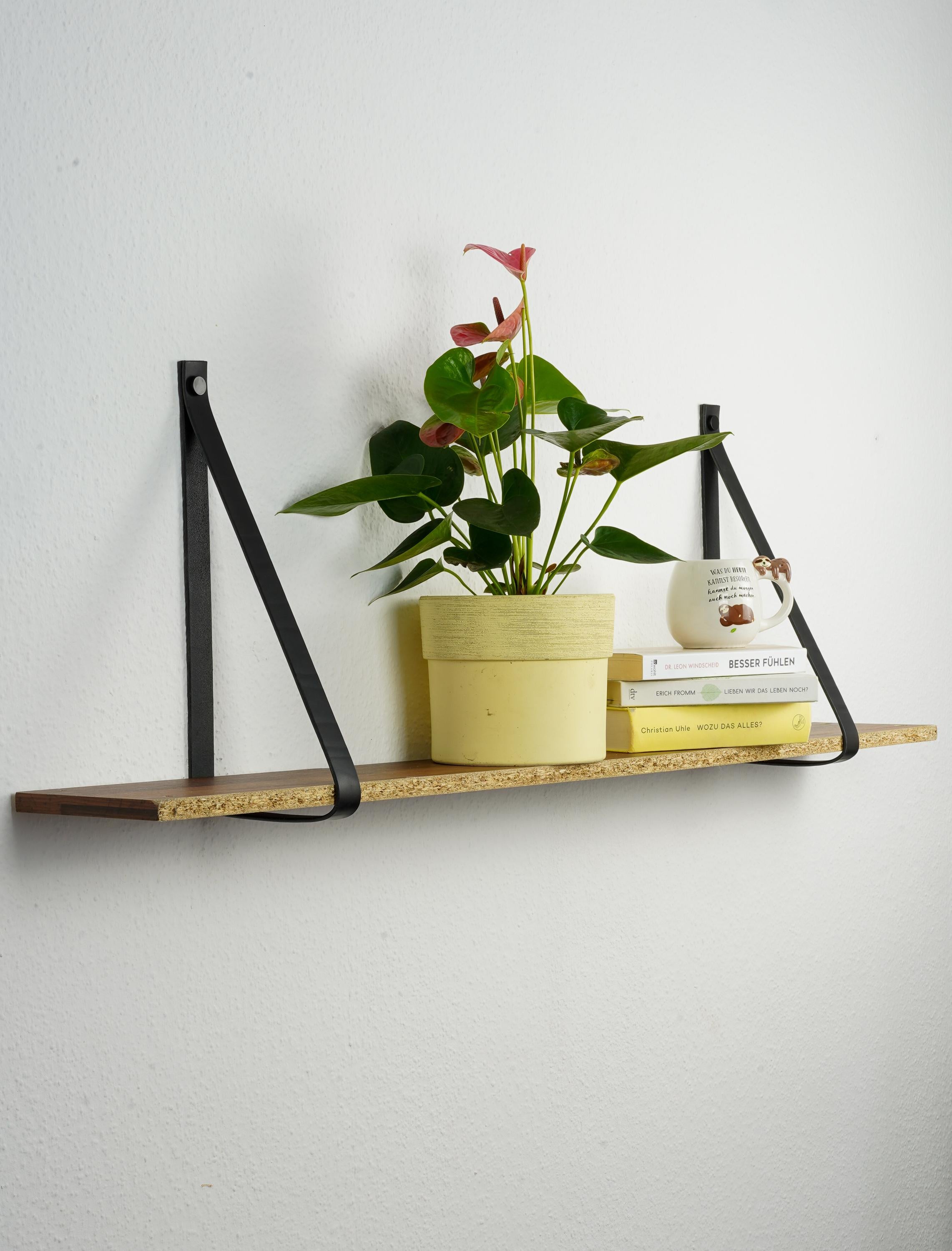 Hängeregal mit Lederriemen Leder l Leder Wandhalterung Regal | Handmade Leather Shelf Brackets | Plant Shelf l Lederriemen Regalträger