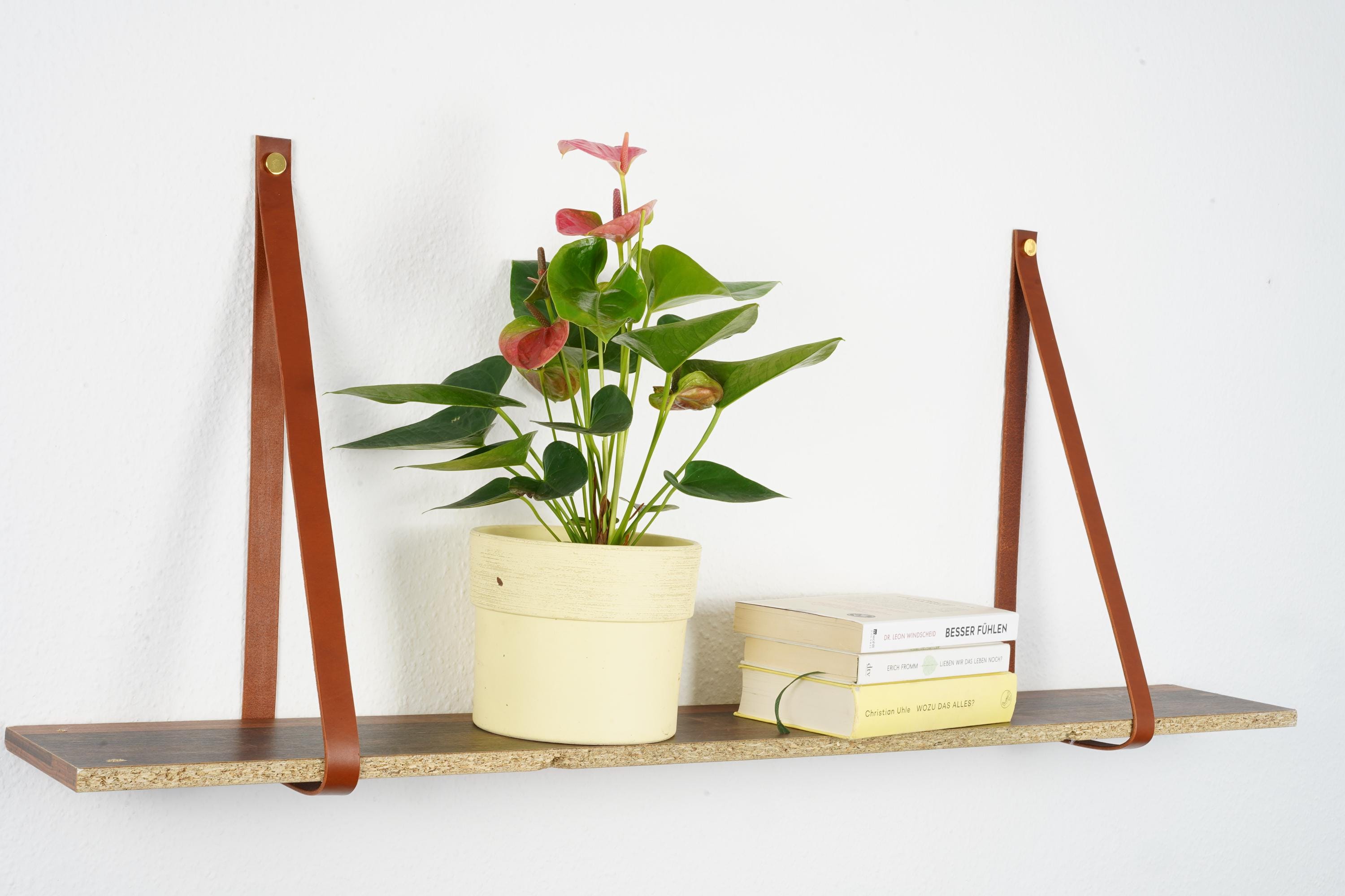 Hängeregal mit Lederriemen Leder l Leder Wandhalterung Regal | Handmade Leather Shelf Brackets | Plant Shelf l Lederriemen Regalträger