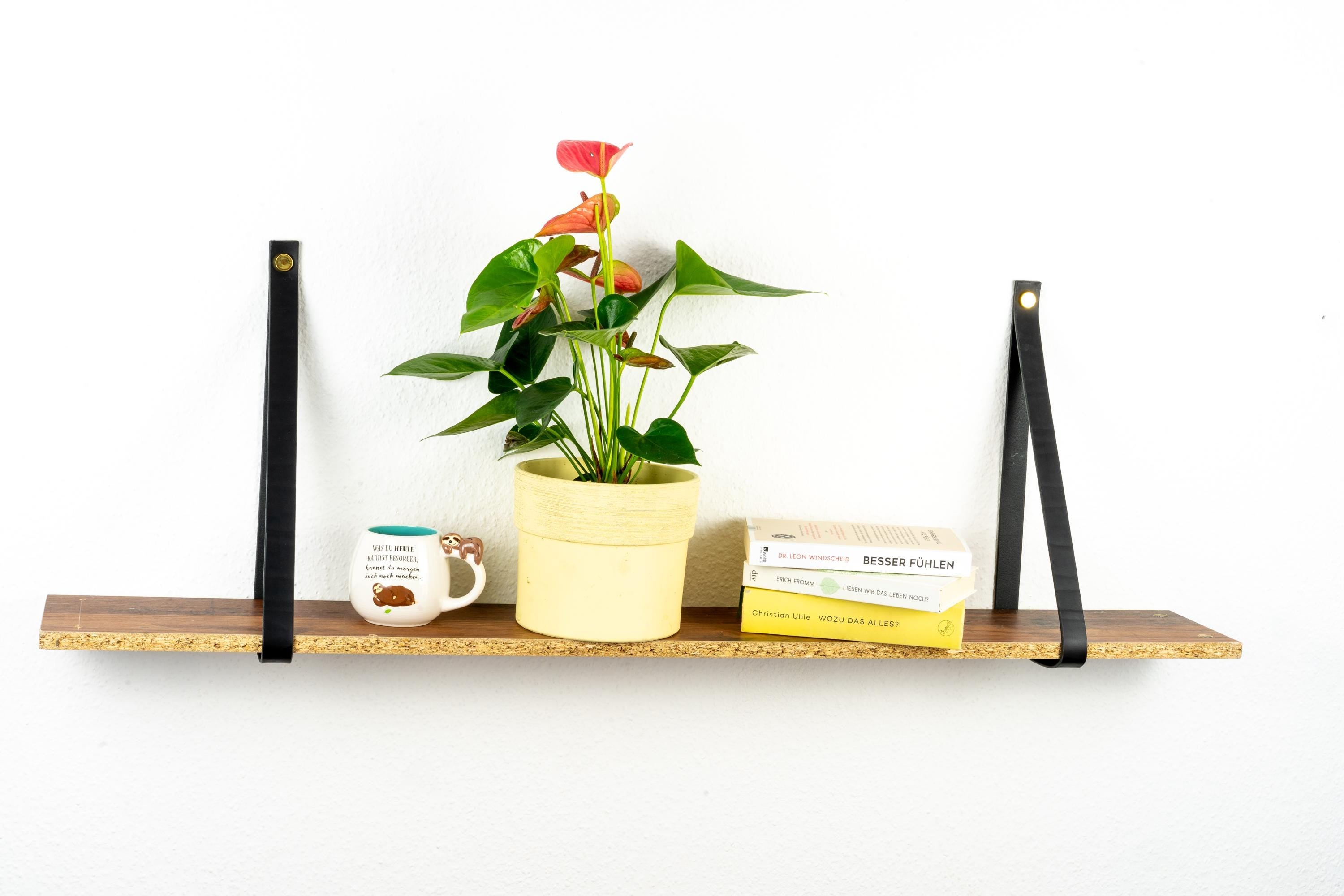 Hängeregal mit Lederriemen Leder l Leder Wandhalterung Regal | Handmade Leather Shelf Brackets | Plant Shelf l Lederriemen Regalträger